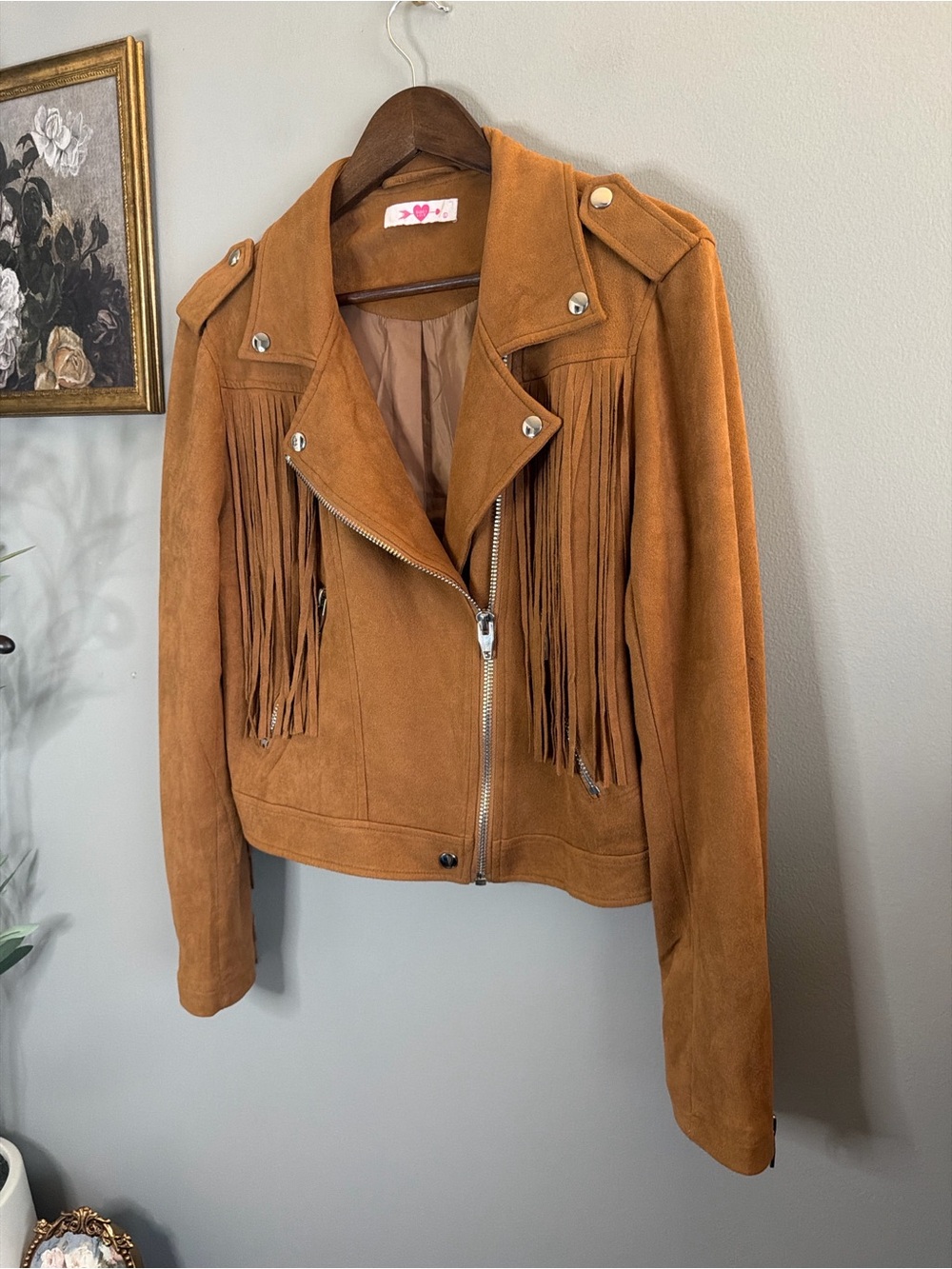 Buddy Love Francesca Camel Faux Suede Fringe Moto Jacket Western Boho Large - Picture 3 of 8